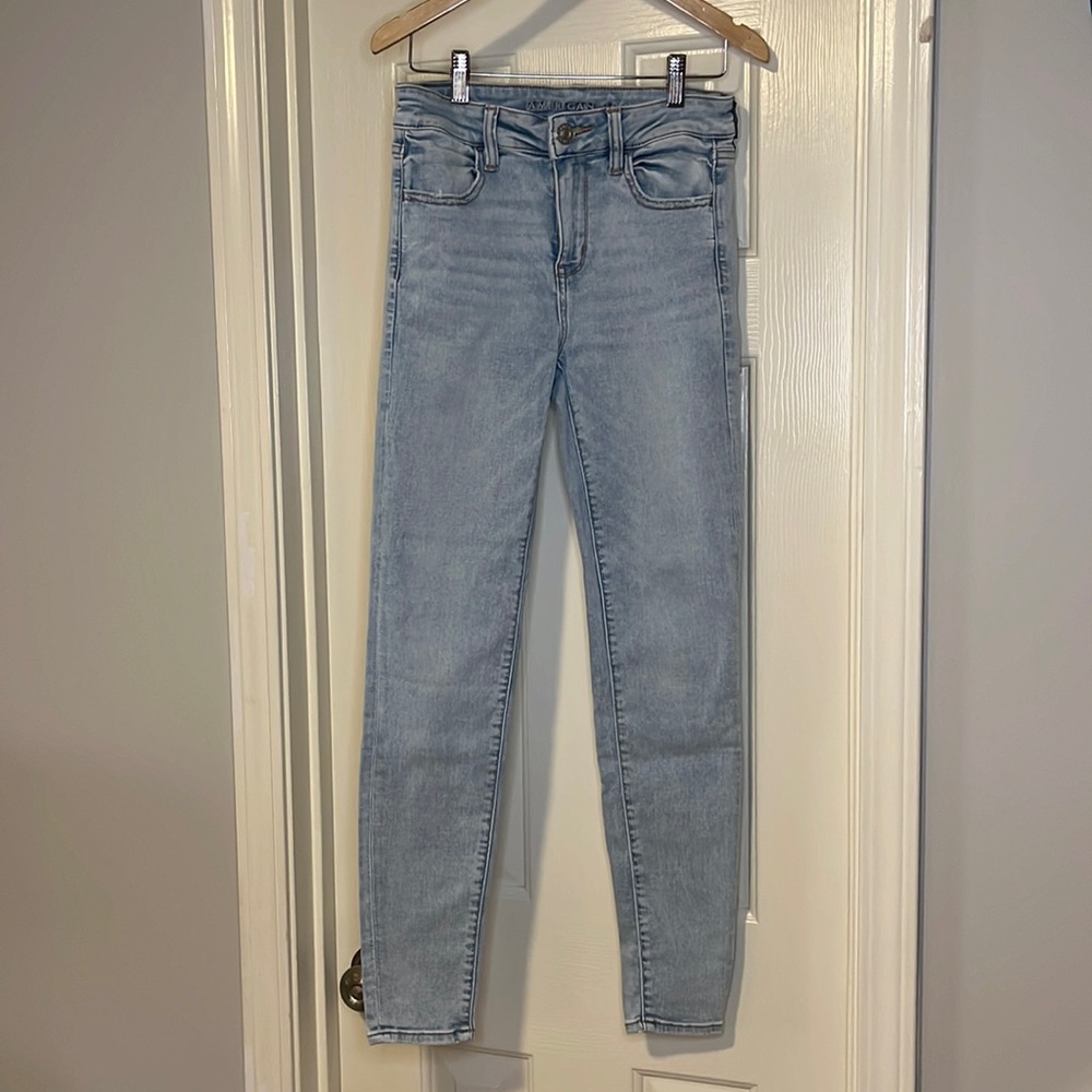 AE next level stretch hi-rise begging light wash
